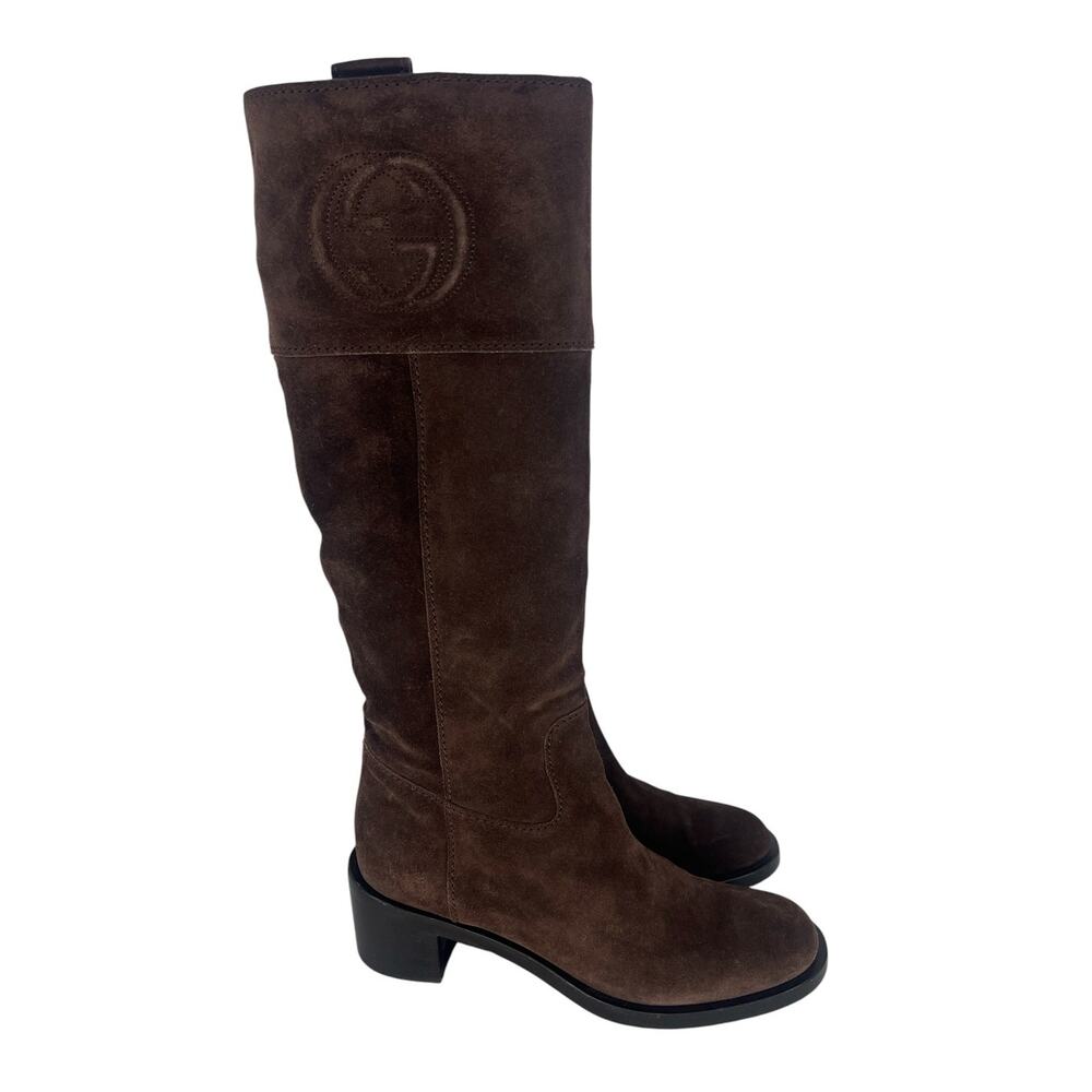 Gucci Brown Suede GG Logo Riding Boots Size 38.5 - Picture 6 of 14
